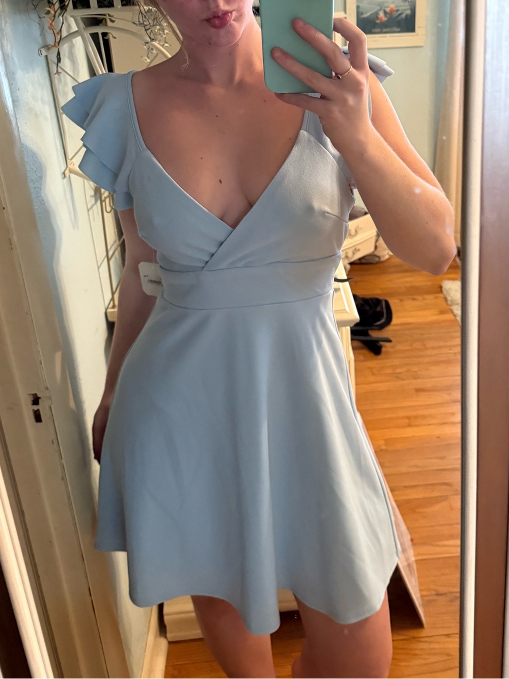 NWT Francesca’s Light Blue Flutter Sleeve V-Neck Dress